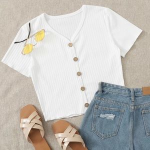 White Stripe Basic Brown Button Up Top